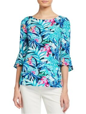 Lilly Pulitzer Fontana Aqua Tropical Print Boatneck Blouse